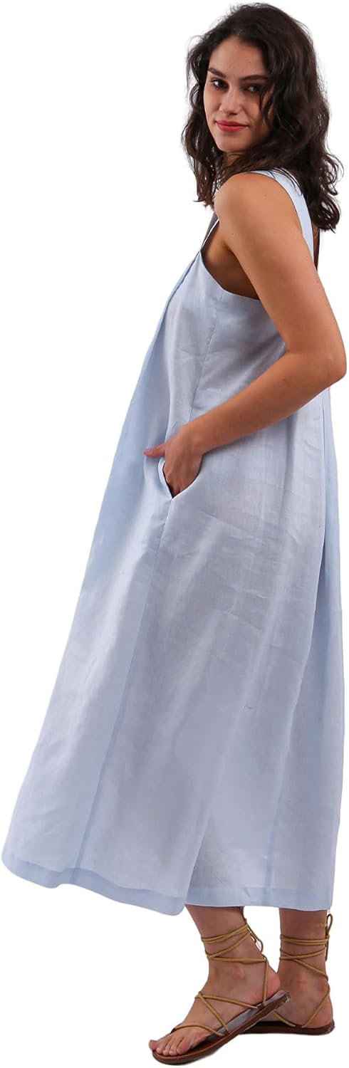 Women's 100% Linen Sleeveless Strap Midi Dresses with Pockets