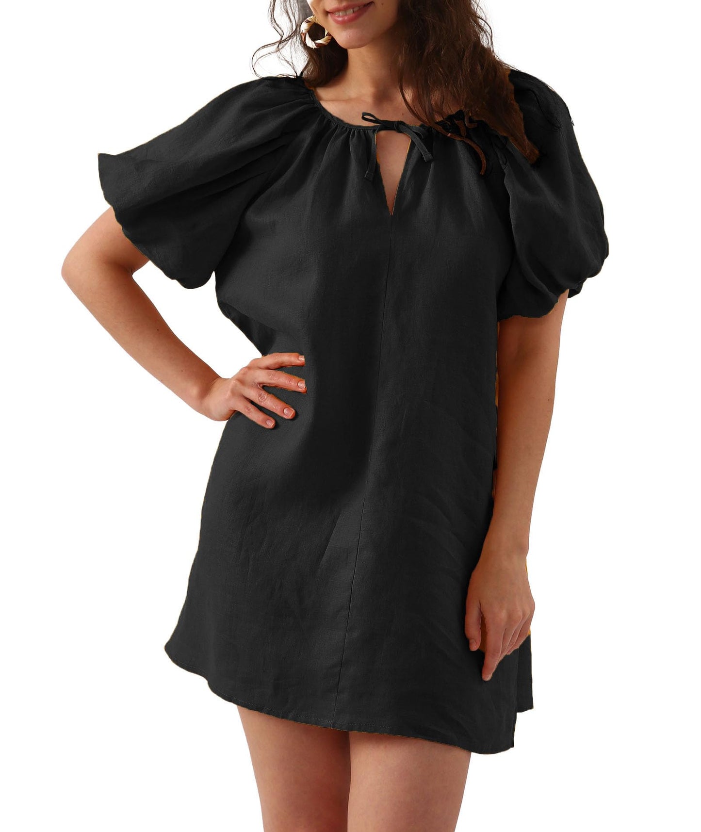 Women’s Pure Linen Puff Sleeve V Neck Mini Dress