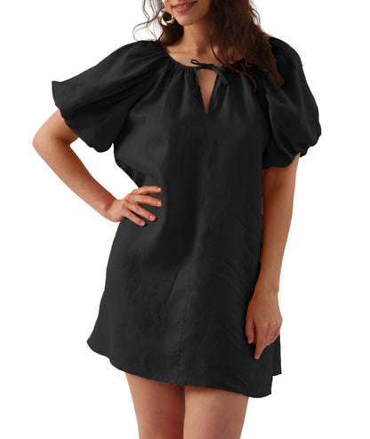 Women’s Pure Linen Puff Sleeve V Neck Mini Dress