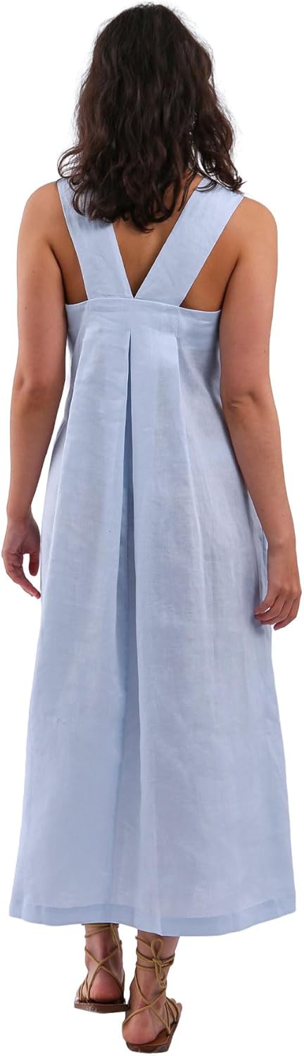 Women's 100% Linen Sleeveless Strap Midi Dresses with Pockets