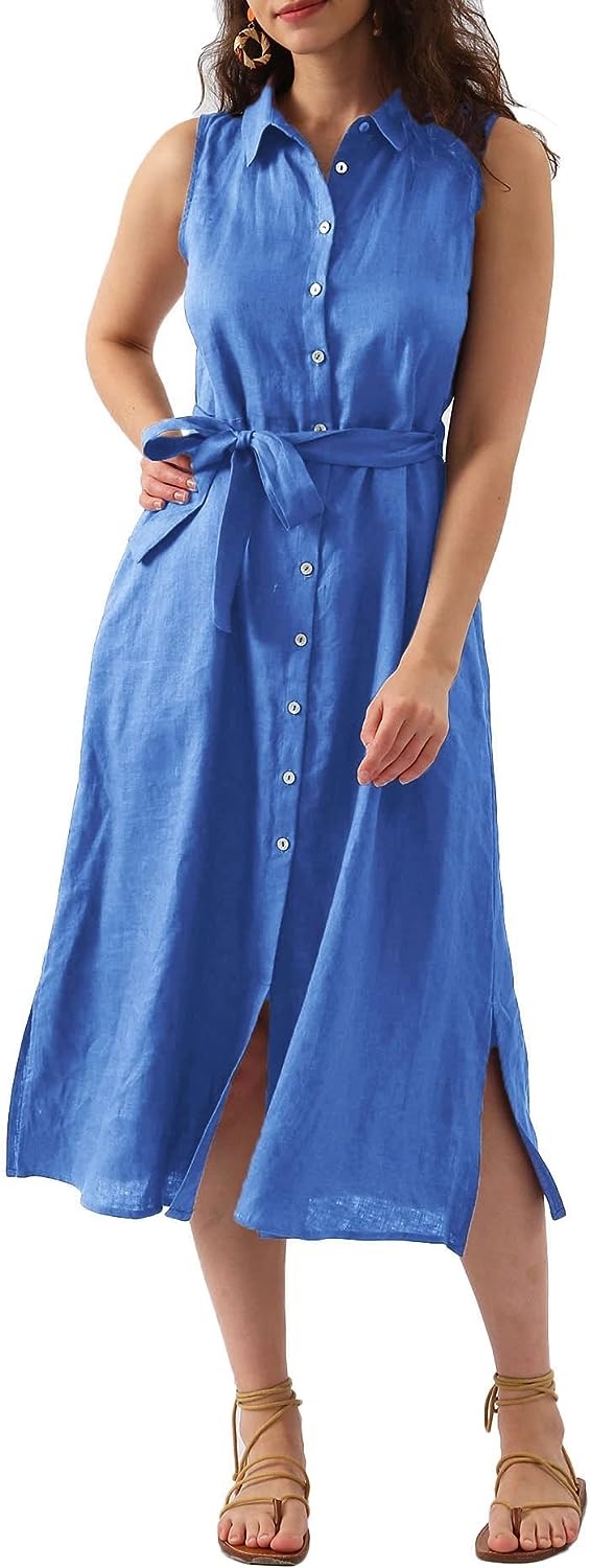 Amazhiyu Womens Pure Linen Summer Button Down Midi Dresses with Pocke