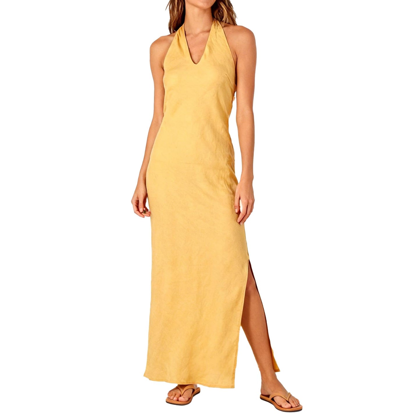 Amazhiyu Women's 100% Linen Splits Bodycon Halter Maxi Dress