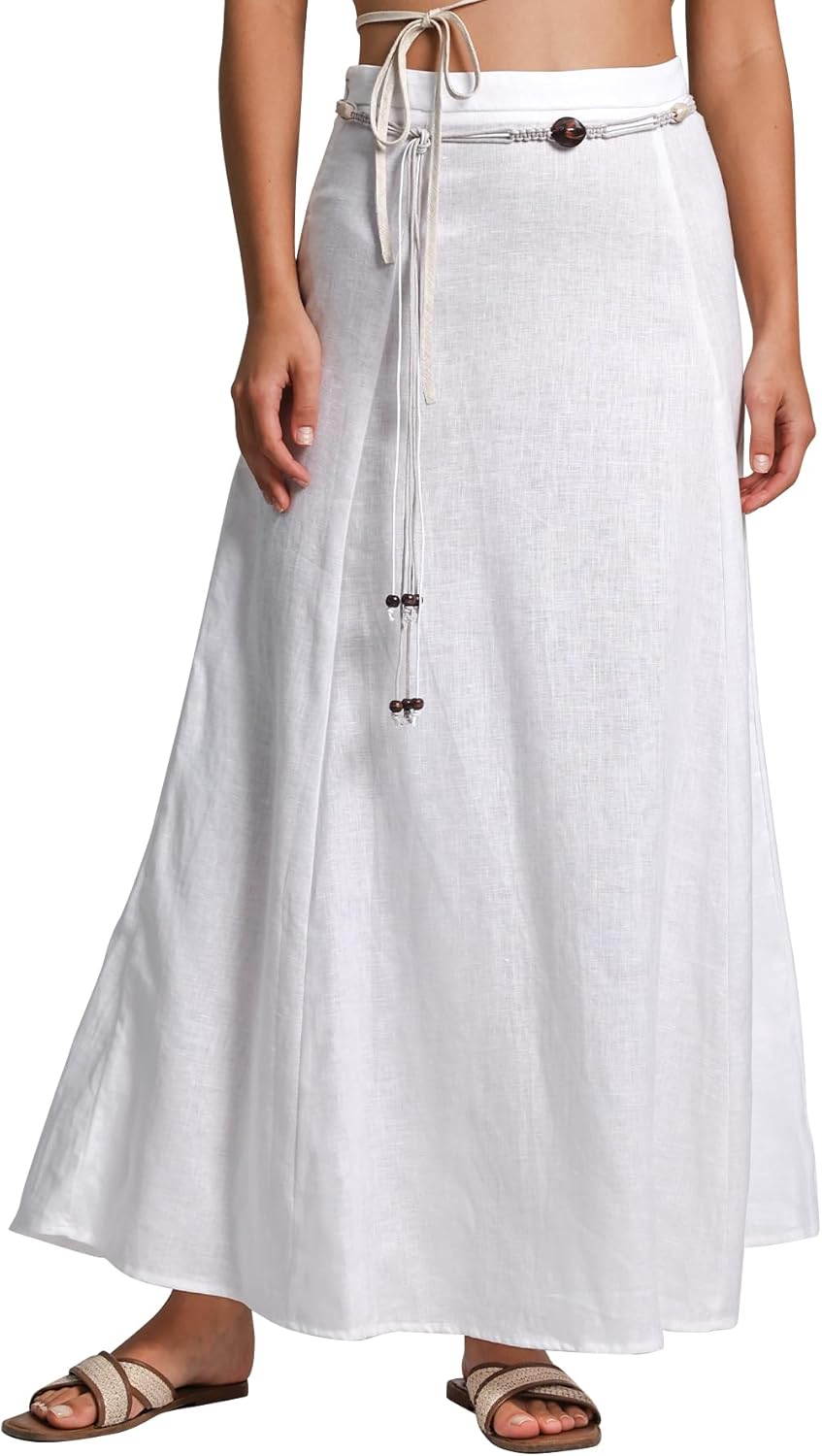 Women's 100% Linen A-line Maxi Skirt with Matching Belt
