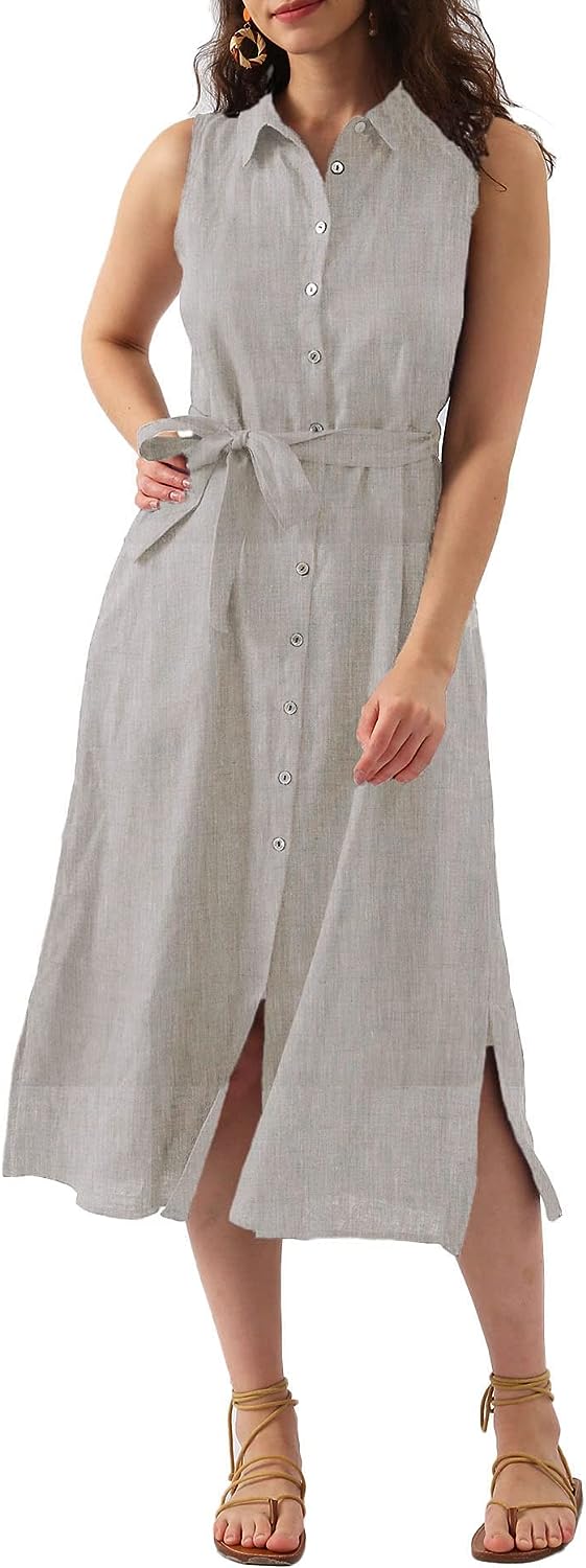 Pure Linen Button Down Midi Dresses