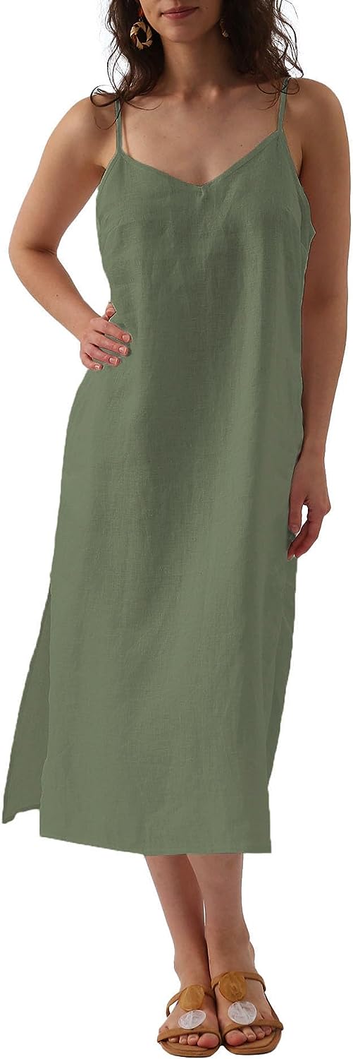 Pure Linen V Neck Midi Spaghetti Strap Slip Dress