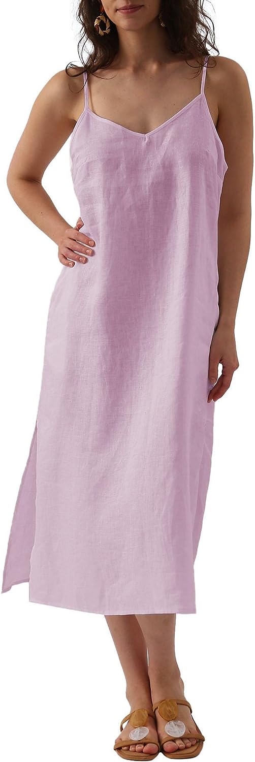 Pure Linen V Neck Midi Spaghetti Strap Slip Dress