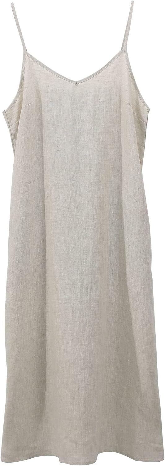 Pure Linen V Neck Midi Spaghetti Strap Slip Dress