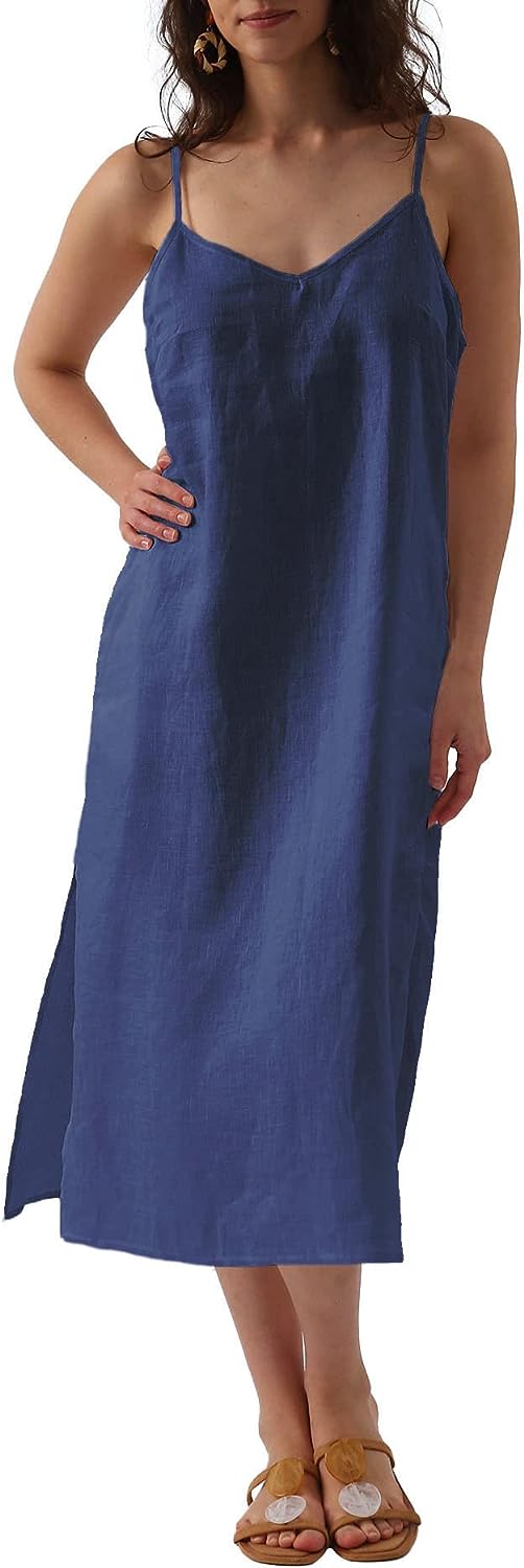 Pure Linen V Neck Midi Spaghetti Strap Slip Dress