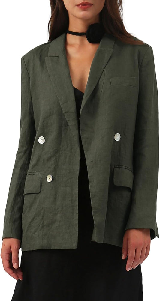Women's 100% Linen Open Front Long Sleeve Blazer