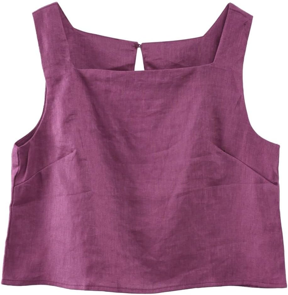 Women's 100% Linen Square Neck Sleeveless Back Keyhole Crop Tops