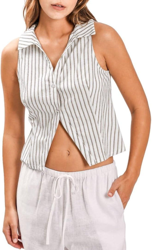Women's Cropped Sleeveless Stripes Button Down Vest Tops