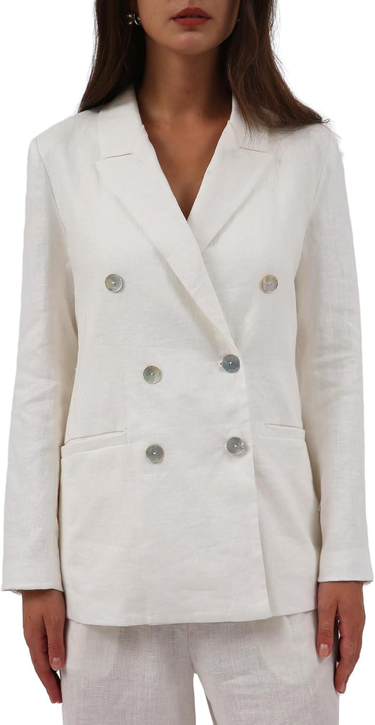 Women's 100% Linen Double-Breasted Notched Blazer