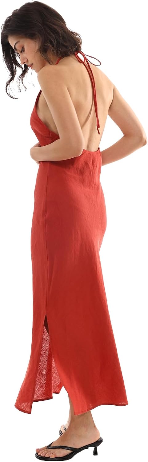 Amazhiyu Women's 100% Linen Splits Bodycon Halter Maxi Dress