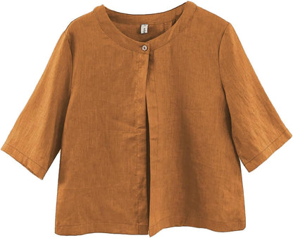 Women's 100% Linen Open Front Elbow Sleeve Cropped Cardigan