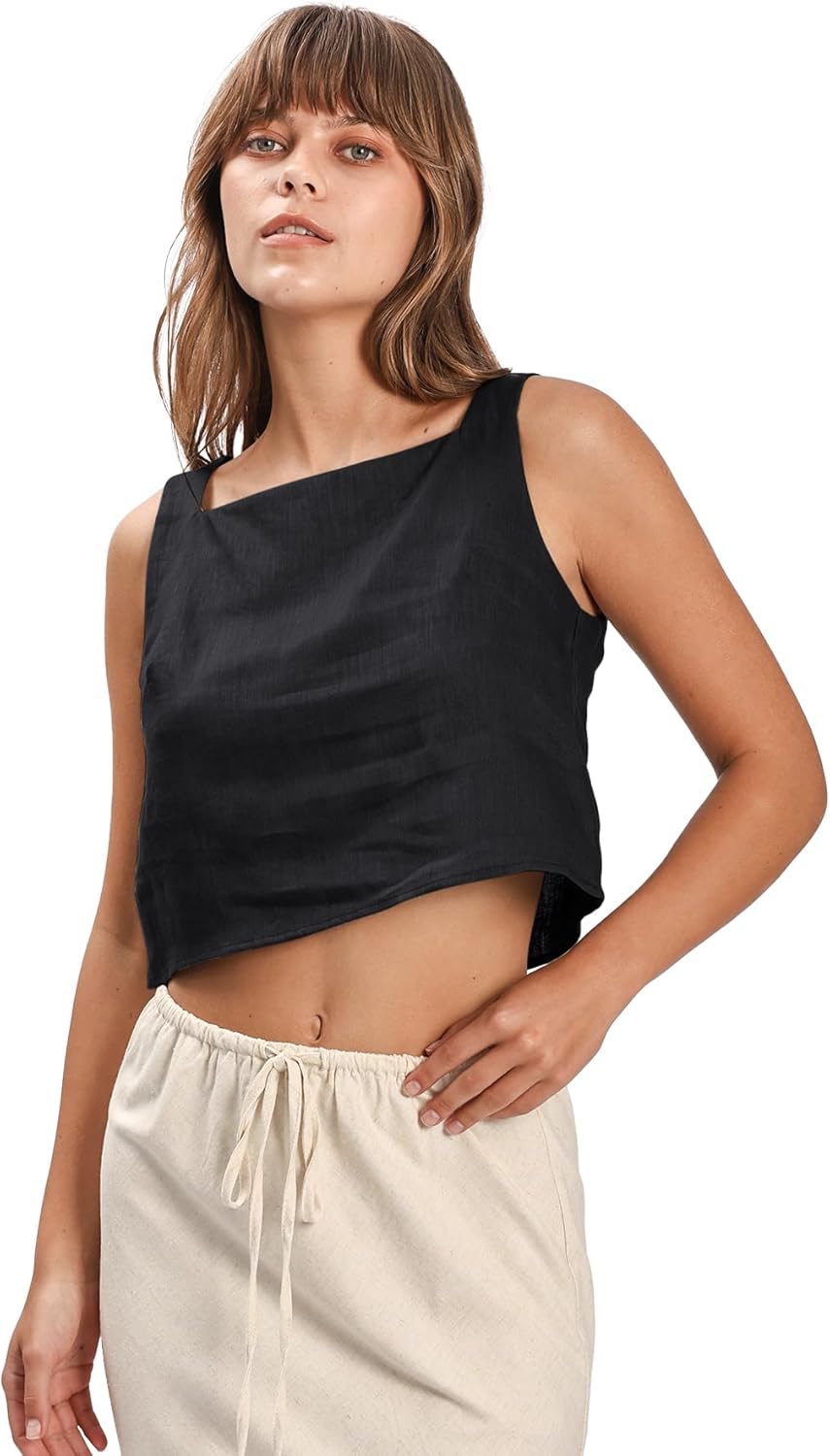 Women's 100% Linen Square Neck Sleeveless Back Keyhole Crop Tops