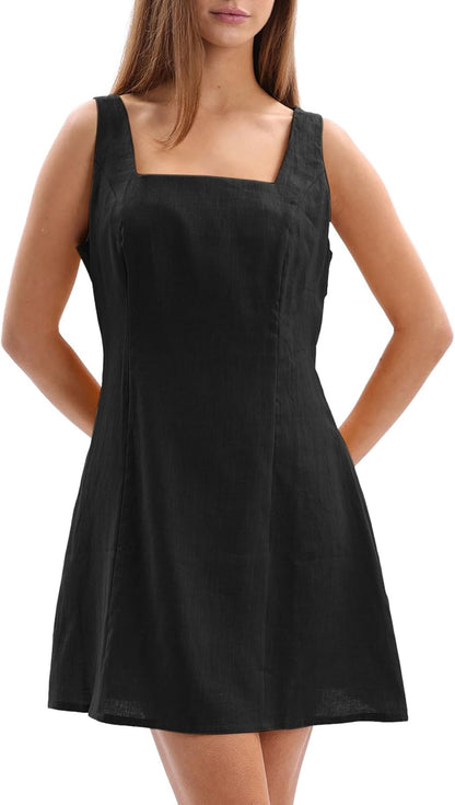 Women's 100% Linen Square Neck Sleeveless Mini Tank Dresses
