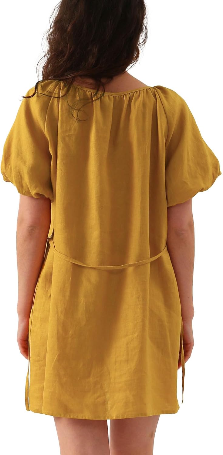 Women’s Pure Linen Puff Sleeve V Neck Mini Dress
