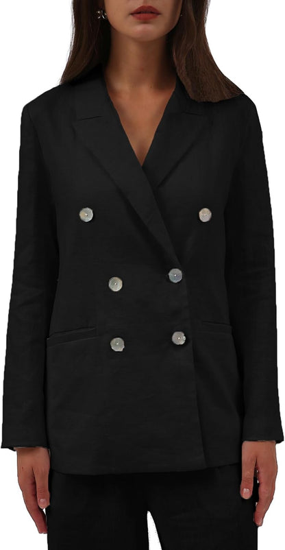 Women's 100% Linen Double-Breasted Notched Blazer