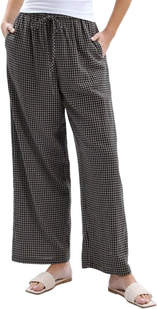 Women's Cotton Gauze Plaid Elastic Lounge Pants