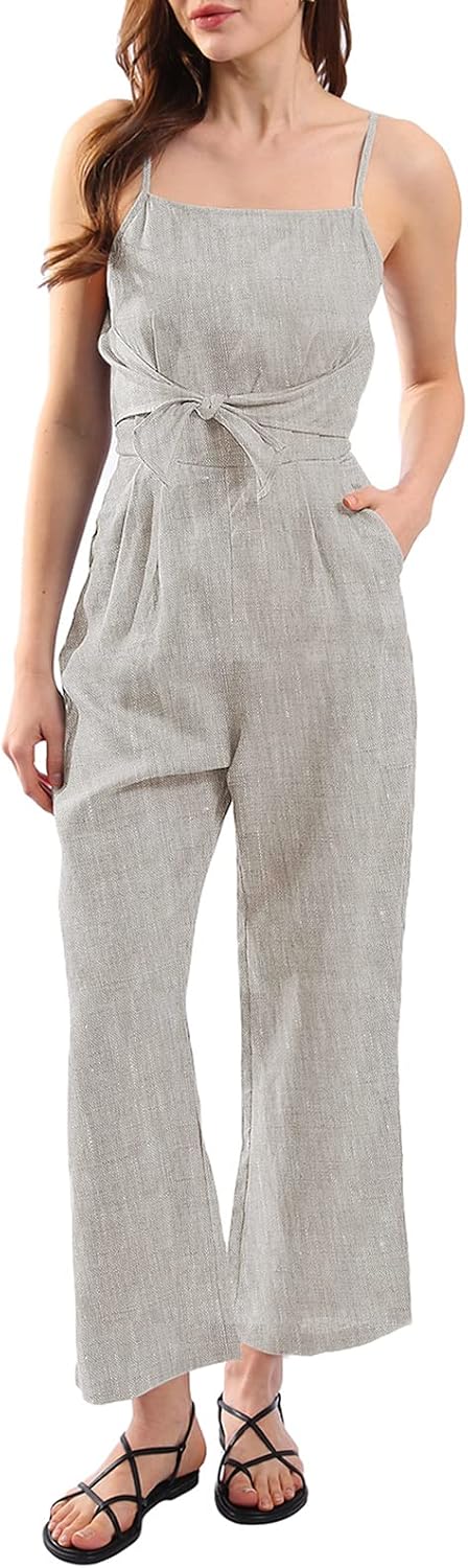 Pure Linen Summer Front Tie Jumpsuits with Pockets