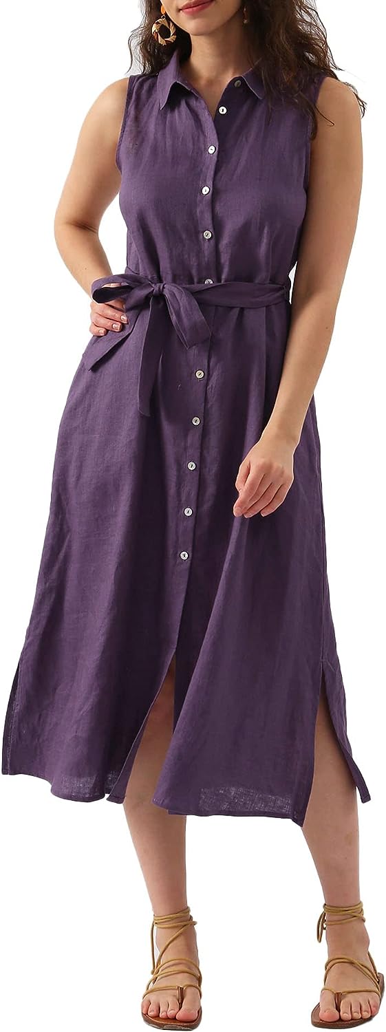 Pure Linen Button Down Midi Dresses