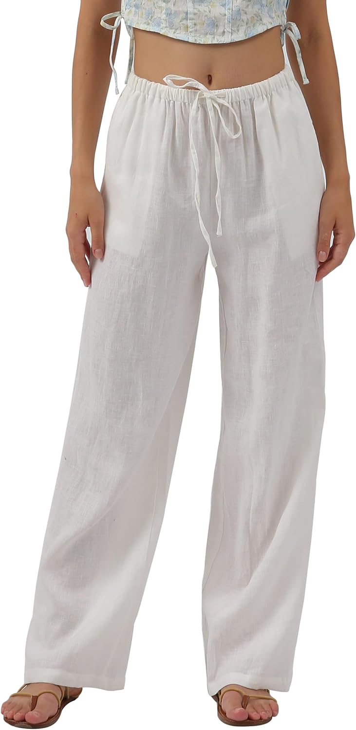 Women's 100% Linen Wide Leg Pants with Pockets