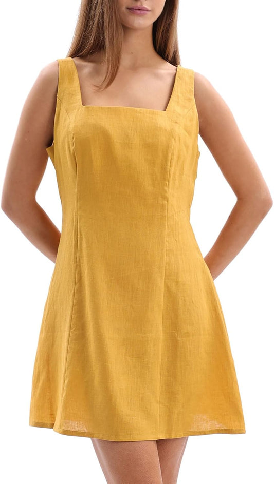 Women's 100% Linen Square Neck Sleeveless Mini Tank Dresses