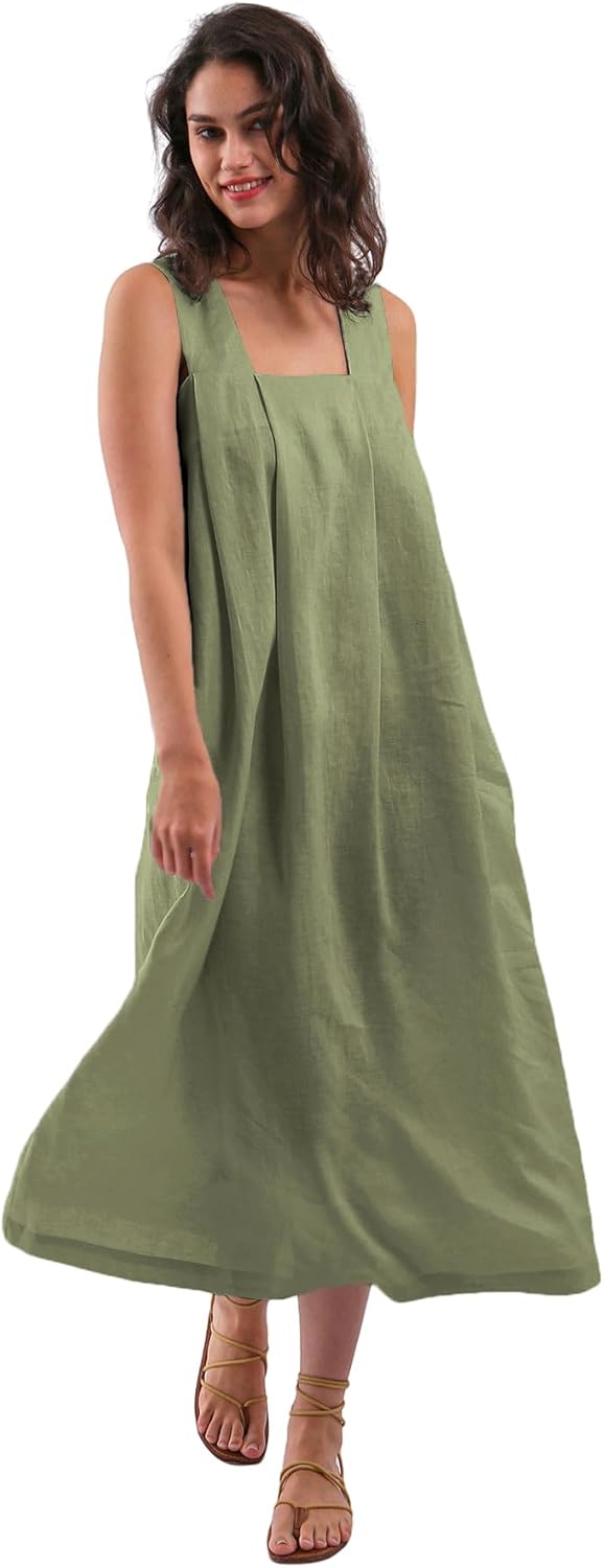 Women's 100% Linen Sleeveless Strap Midi Dresses with Pockets