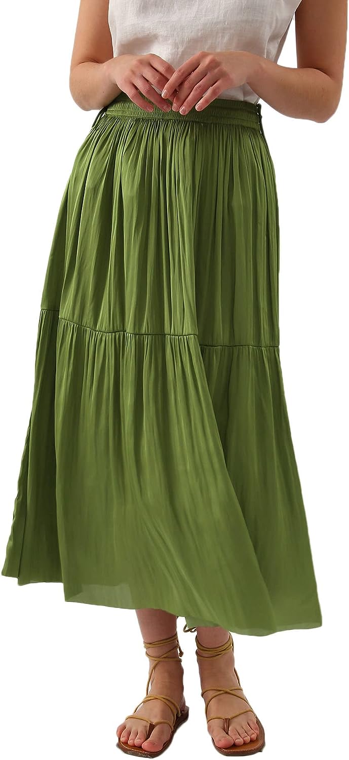 Pleated A Line High Waist Midi Skirt