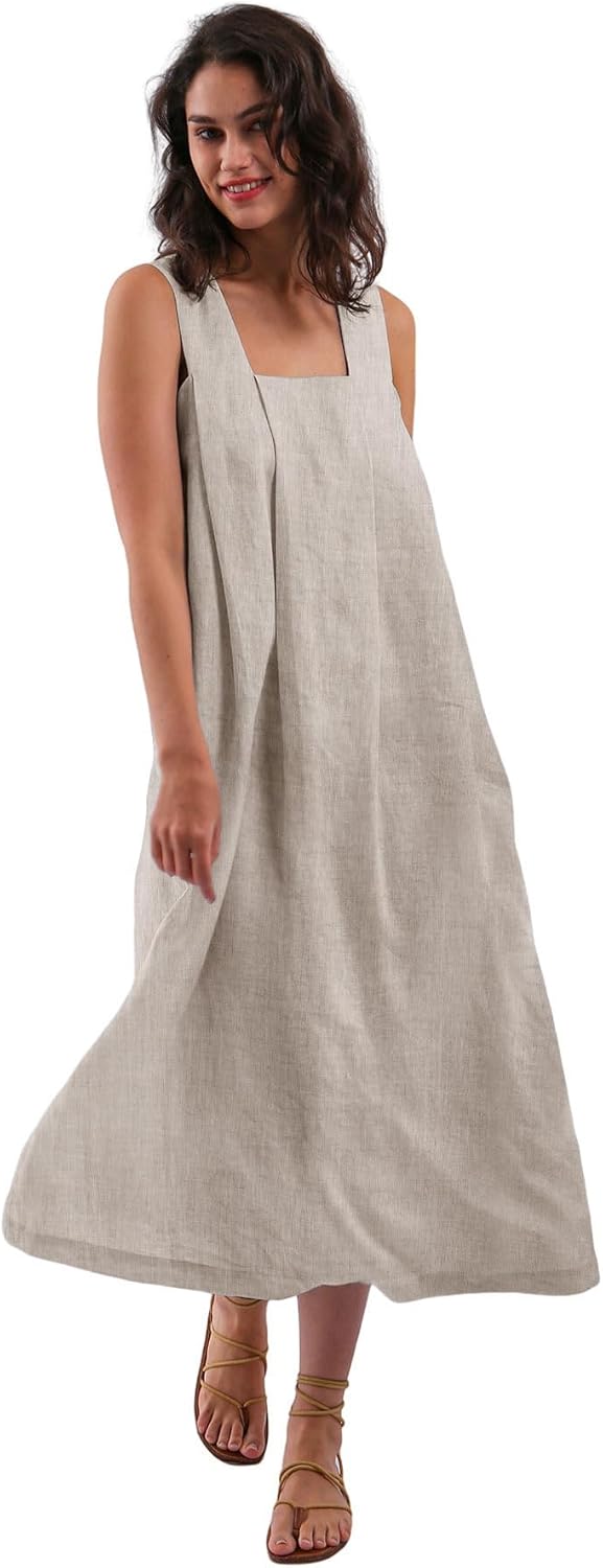 Women's 100% Linen Sleeveless Strap Midi Dresses with Pockets