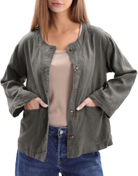 Women's 100% Linen 3/4 Sleeve Button Up Cardigan