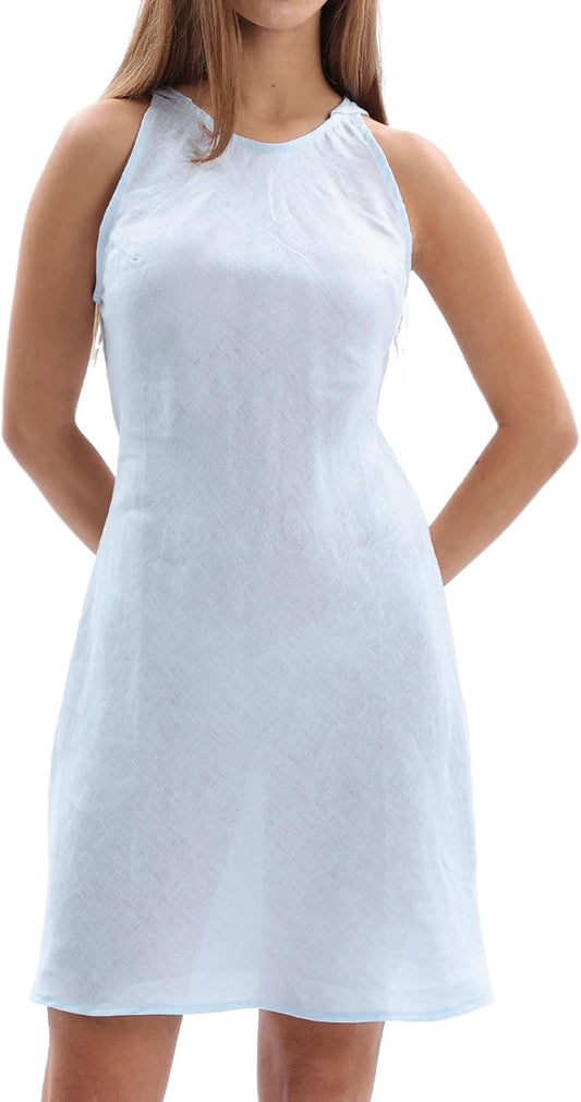 Women's 100% Linen Sleevelesss Crew Neck Mini Dresses
