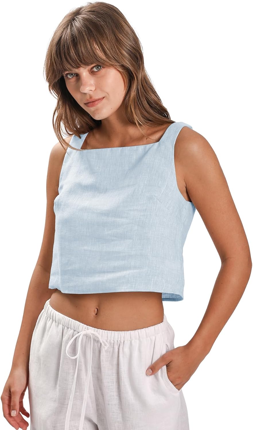 Women's 100% Linen Square Neck Sleeveless Back Keyhole Crop Tops