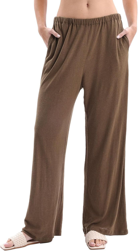 Women’s Linen Knit High Waist Elastic Wide Leg Lounge Pants