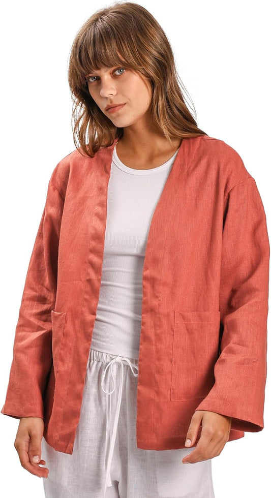 Women's 100% Linen Long Sleeve Open-Front Cardigan