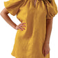 Women’s Pure Linen Puff Sleeve V Neck Mini Dress