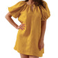 Women’s Pure Linen Puff Sleeve V Neck Mini Dress