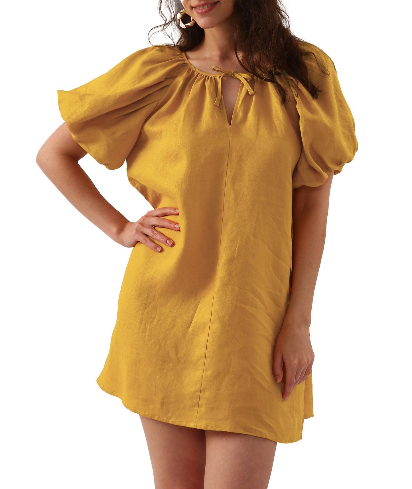Women’s Pure Linen Puff Sleeve V Neck Mini Dress