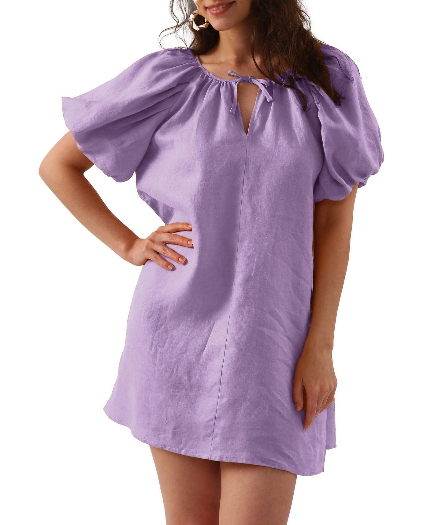 Women’s Pure Linen Puff Sleeve V Neck Mini Dress