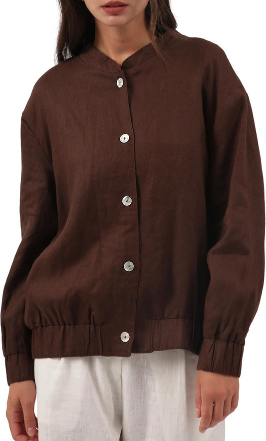 Women's 100% Linen Button Down Bomber Jacket