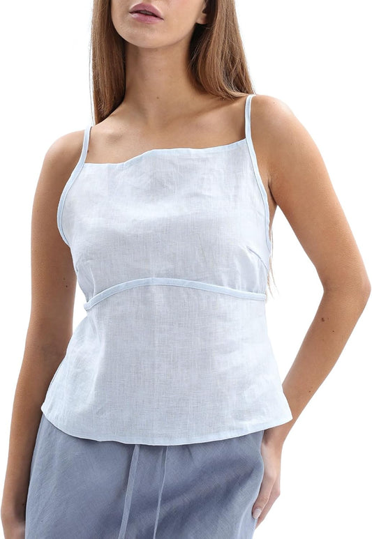 Women‘s 100% Linen Backless Square Neck Spaghetti Strap Tank Tops
