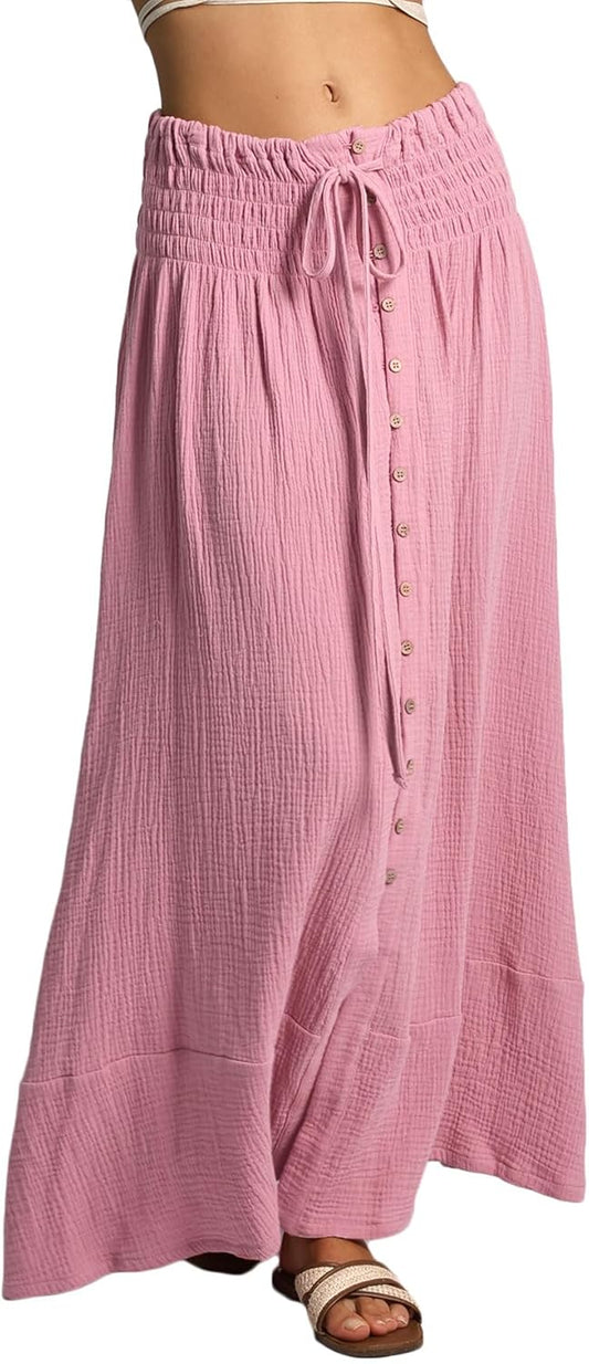 Women's Crinkle Cotton Gauze Button-Front Slit Maxi Skirt