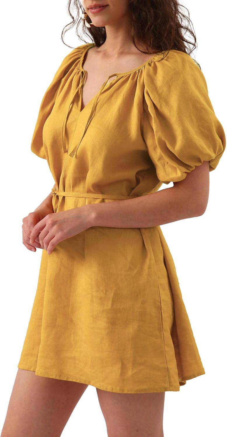 Women’s Pure Linen Puff Sleeve V Neck Mini Dress