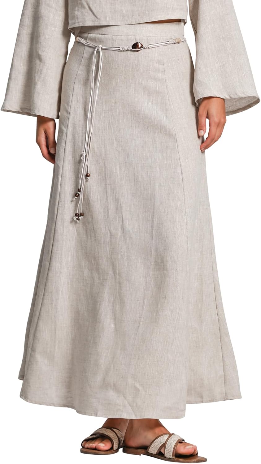Women's 100% Linen A-line Maxi Skirt with Matching Belt