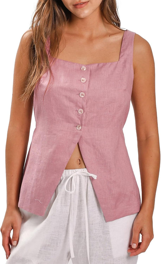 Women's 100% Linen Square Neck Vest Tops Button Up Waistcoat