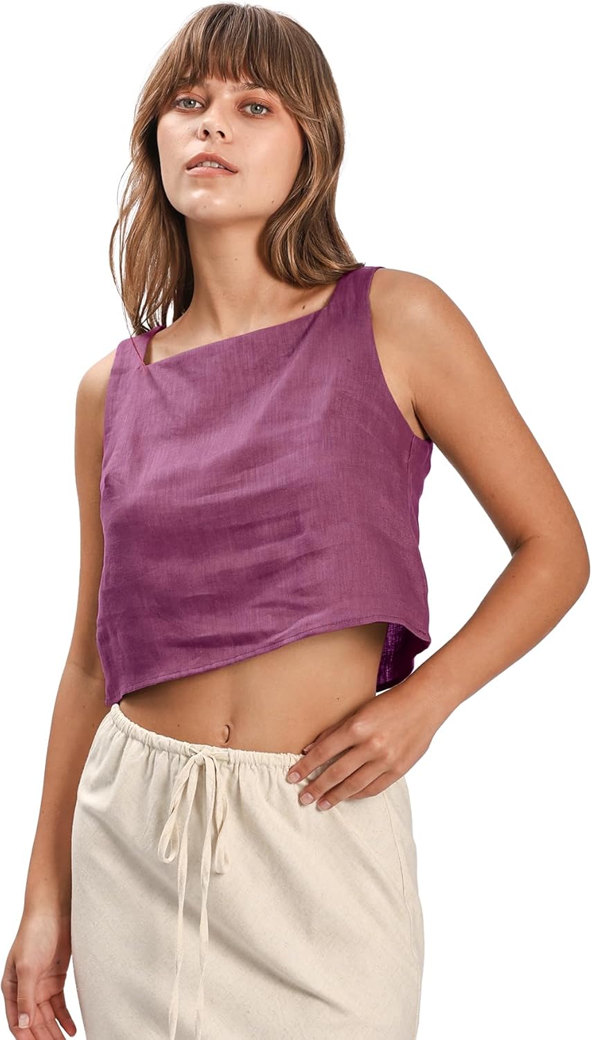 Women's 100% Linen Square Neck Sleeveless Back Keyhole Crop Tops