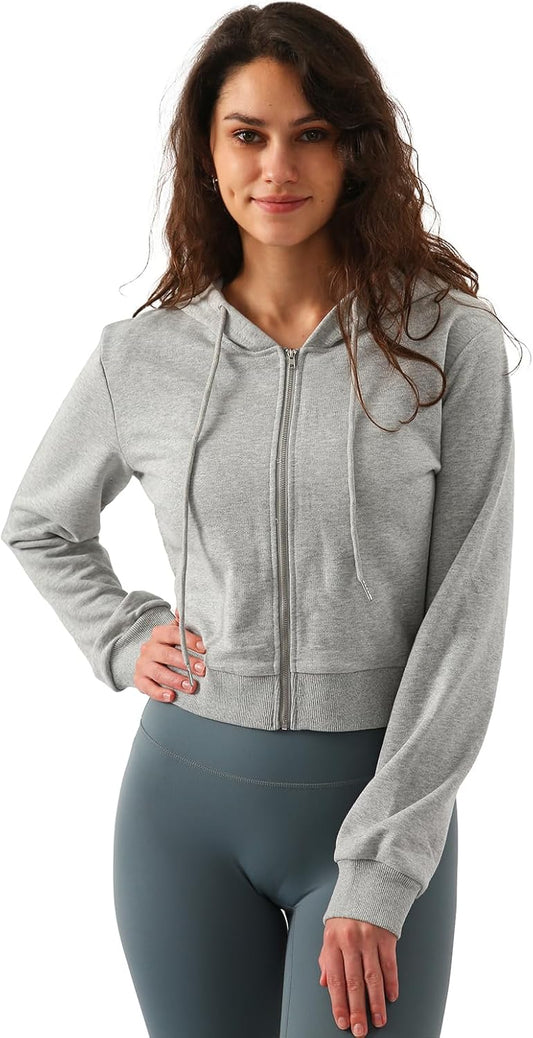 Women's Drawstring Cropped Zip up Hoodie
