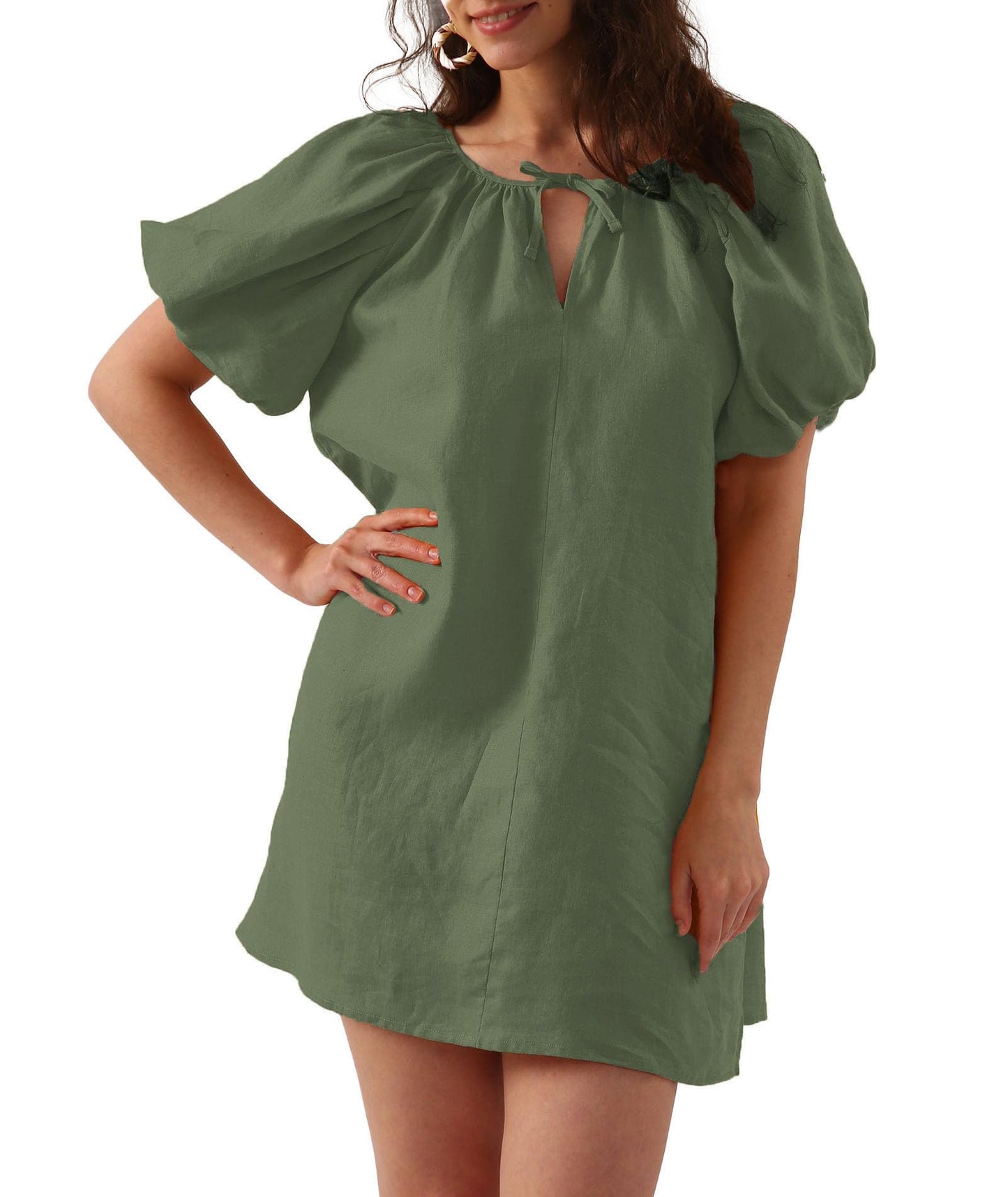 Women’s Pure Linen Puff Sleeve V Neck Mini Dress