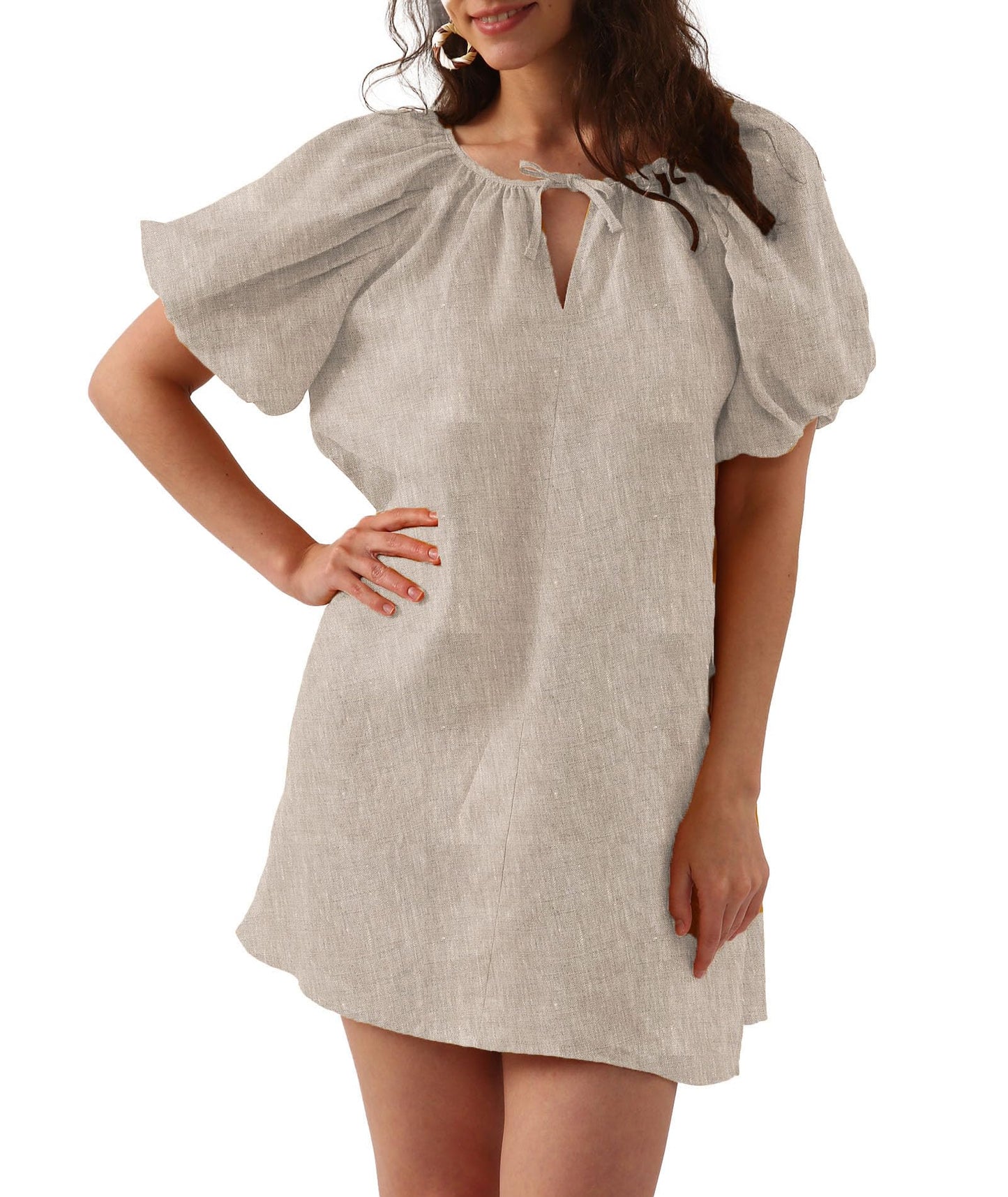 Women’s Pure Linen Puff Sleeve V Neck Mini Dress
