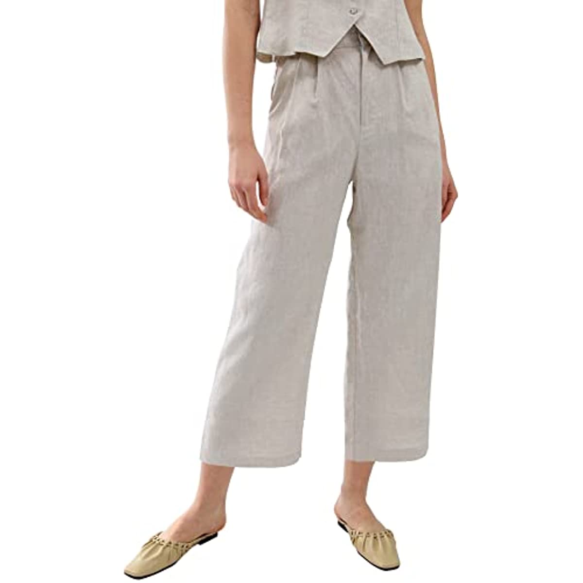 Amazhiyu Womens Pure Linen Pleated Front Ankle Pants